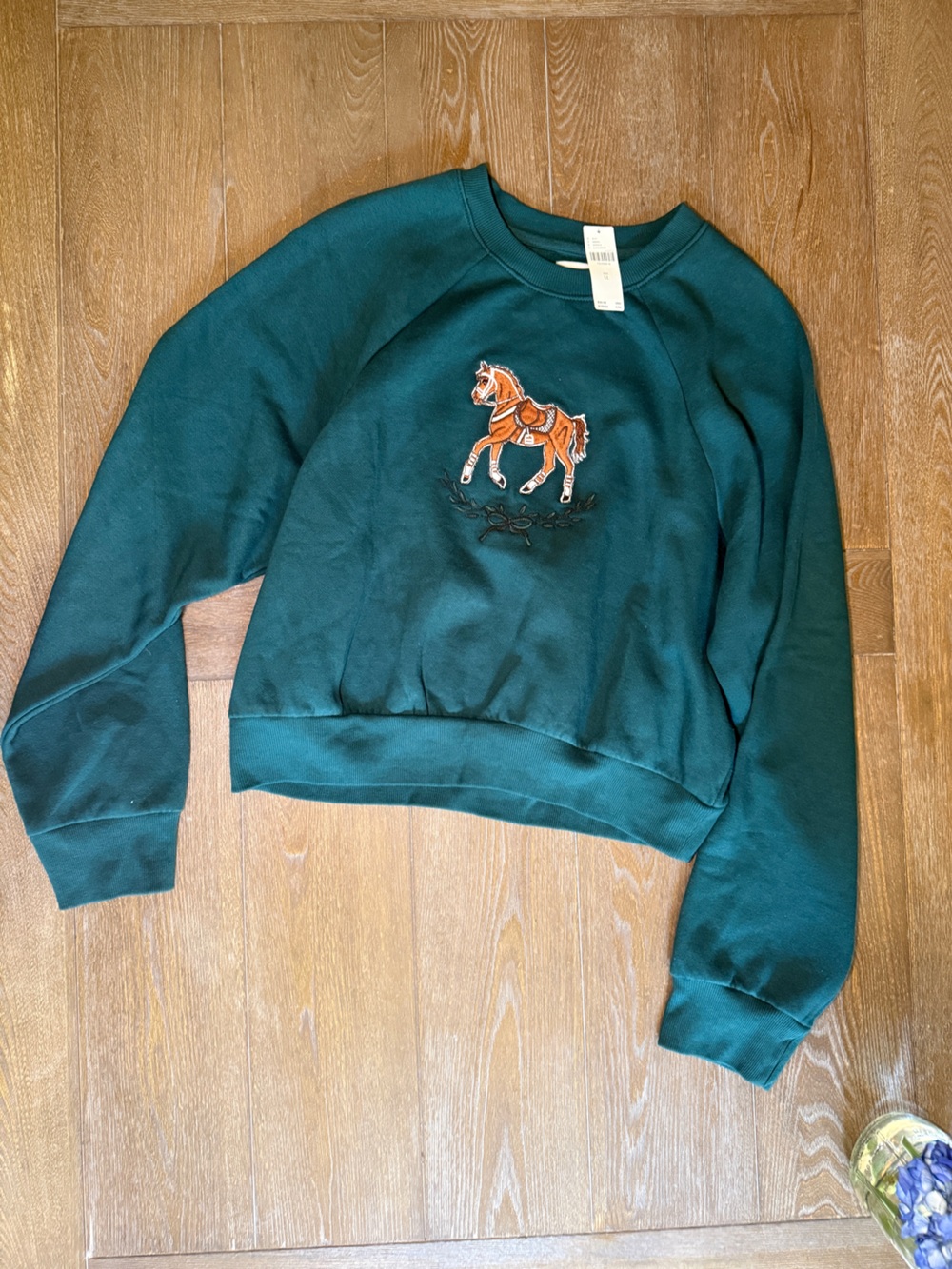 Anthropologie Teal Embroidered Horse Crewneck Sweater